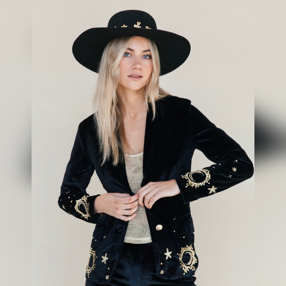 Embroidered Celestial Shadow Black Velvet Blazer Jacket